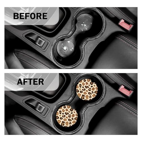 Leopard Car Coasters for Cup Holders Set of 2 Leopard Print Absorbent Ceramic Cup Coaster 2.63" Non-Slip Cork Base Drink Coasters with Finger Notch Car Accessories Interior for Women Men - color: Leopard