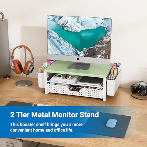 Wood Metal Monitor Stand Riser, Laptop Stand for Desk, Office Desk Organizer and Accessories, Computer Desktop Shelf with Drawer and Pen Holder, Printer Stand for Home, Office, Dorm (Green Wood) - color: Green-Regular