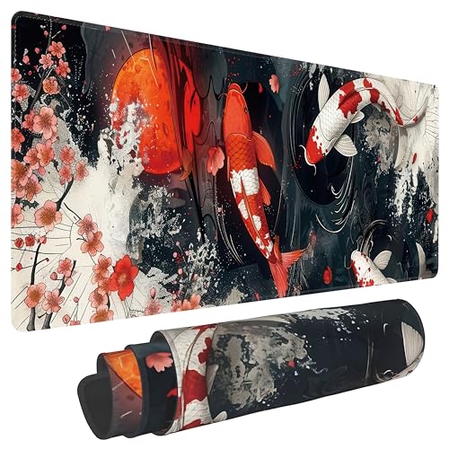 Koi Fish Large Mouse Pad,Gaming Keyboard Desk Pad,Extended Mouse Mat Non-Slip Rubber Base with Stitched Edges for Office Game Home XL 31.5"x11.8" - color: Koi Fish, size: 31.5L x 11.8W inches