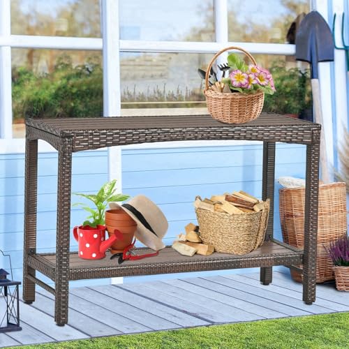 Outdoor Console Table Patio Buffet Bar Storage Organizer 45" Long Wicker Sofa Serving Sideboard Table 2-Shelf Outdoor Bar Table Tall Rectangle Narrow with Adjustable Feet for Entryway Balcony Brown - color: Brown