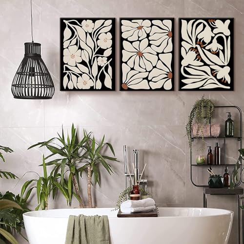 QGNBGBJ Framed Black Boho Flowers Plant Wall Art Abstract Botanical Flower Canvas Poster Vintage Bohemian Neutral Floral Prints Wall Decor Trendy Black Beige Floral Set for Girl Bedroom(12x16in) - size: 12x16in Framed