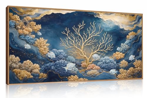 HPNIUB Blue Dreamy Underwater Framed Canvas Wall Art 40"x20" | Modern Gold Coral Seascape Decoration Abstract Navy Ocean Marine Fish Artwork Living Room Bedroom Farmhouse Office - color: Blue Underwater Wall Art, size: 40"L x 20"W