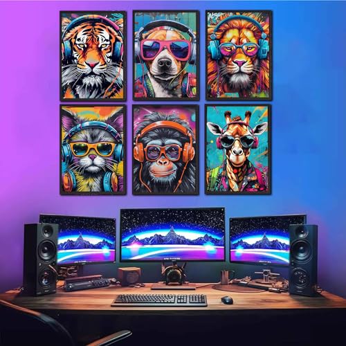 6pcs Colorful Graffiti Animals Canvas Wall Art Gamer Earphone Animal Poster Lion Tiger Cat Dog Orangutan Giraffe Funky Paintings Pictures Pop Art Wall Decor for Teen Boys Children Game Room Unframed8x10in - size: 8x10Inx6pcs