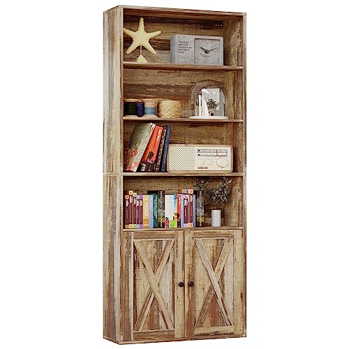 IRONCK Industrial Bookshelves and Bookcases with Doors Floor Standing 6 Shelf Display Storage Shelves 70 in Tall Bookcase for Home Office, Living Room - color: Industrial Brown