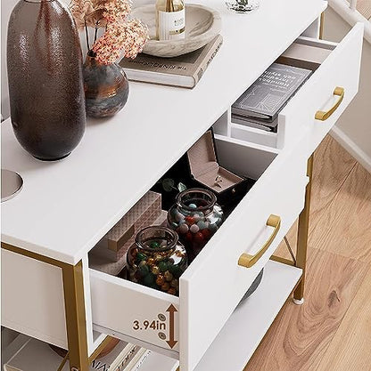 HITHOS Industrial Console Table with 2 Drawers, Narrow Long Entryway Table with 3-Tier Storage Shelves, Industrial Sofa Foyer Table for Living Room, Hallway, Entry Way, Foyer, Kitchen, White/Gold - size: 39.4"