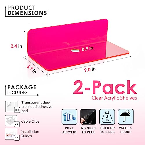 OAPRIRE Acrylic Floating Shelves Set of 2 - Easily Expand Wall Space - Small Wall Shelf with Strong Adhesive for Bedroom, Kids' Room, Bathroom, etc (Fluorescent Pink) - color: Fluorescent Pink