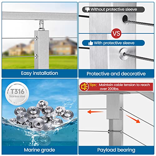 Muzata 40 Pack 1/8" Level Wheel Cable Railing Grommets ONLY for Level 1/8" Wire Rope T316 Stainless Steel Protector Sleeves Deck Cable Railing Hardware Kit Metal Posts CR72 - size: 40P, style: Silver For Level
