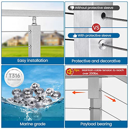 Muzata 40 Pack 1/8" Level Wheel Cable Railing Grommets ONLY for Level 1/8" Wire Rope T316 Stainless Steel Protector Sleeves Deck Cable Railing Hardware Kit Metal Posts CR72 - size: 40P, style: Silver For Level