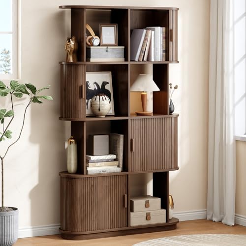 ONBRILL 71" Tall 4-Tier Bookshelf, 8-Cube Display Bookcase with Sliding Door, Mid-Century Modern Storage Organizer, Freestanding Book Shelf for Living Room, Bedroom, Home Office, Walnut - color: Walnut