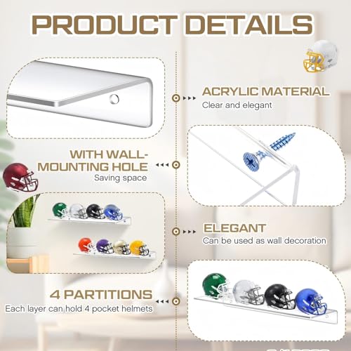 Colingmill Wall Mount Pocket Size Helmet Display Racks 9.84 x 3.15 x 1.06 Inches Acrylic Pocket Size Football Helmet Display Racks 16 Team for Collecting Game Helmets - color: Clear