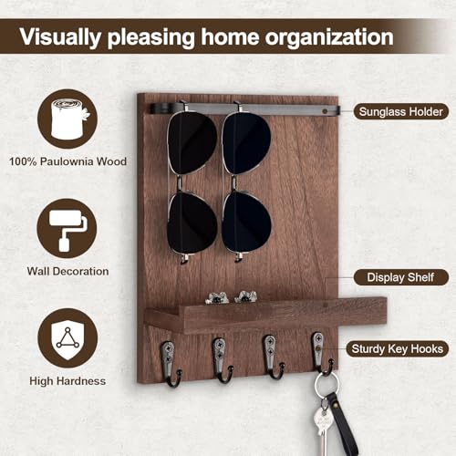 Key Holder Wall Mount, Key Holder for Wall with 4 Hooks, Farmhouse Key Hanger Holds Dog Leash, Sunglasses, Decorative Mail Organizer Home Decor (Brown) - color: Brown