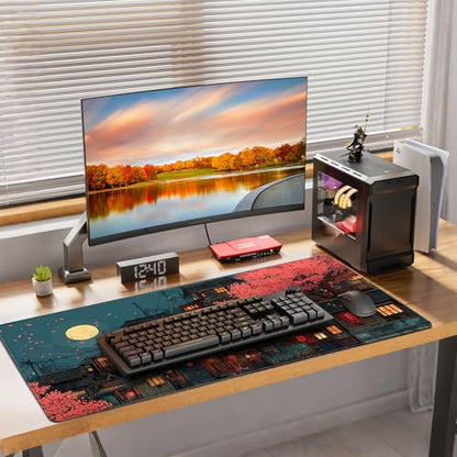Japanese Anime Cherry Blossom Night Scene Mouse Pad, XXL Extended 35.4 x 15.7 Inch Desk Mat, Non-Slip Rubber Base, Microfiber Cloth Surface, Game Table mat - color: Japanese-style Night Scene Design