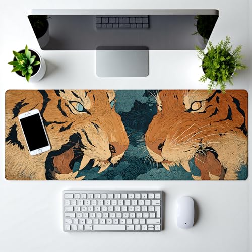 Tiger Gaming Mouse Pad Abstract Yellow Mouse Pad 31.5x11.8 Inch Fierce Claws and Teeth Non-Slip Rubber Base Large Mousepad Stitched Edges Keyboard Mouse Mat Desk Pad for Office and Home - color: Tiger