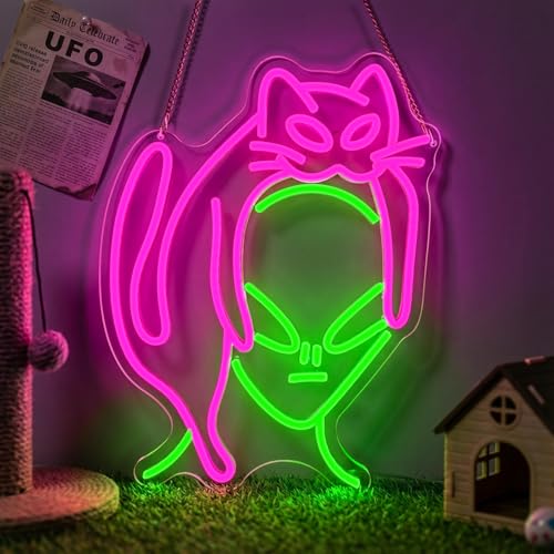 Alien Cat Neon Sign,Dimmable LED Neon Signs for Wall Decor,USB Powered Alien Neon Light for Bedroom, Game Room, Bar,Aesthetic Alien Cat Lover Decor - color: Alien cat