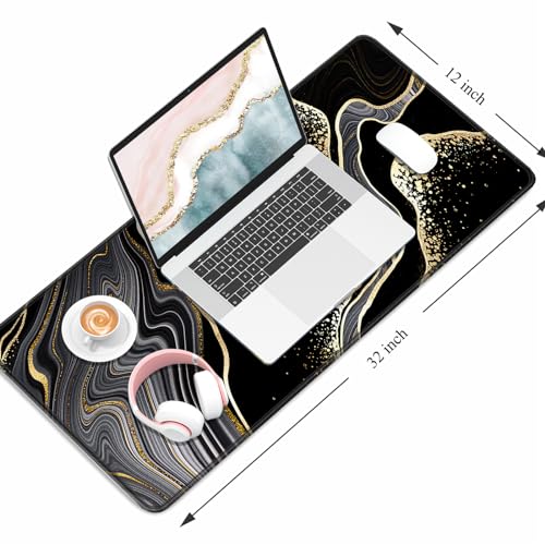 Auhoahsil Desk Pad, XL Extended Large Gaming Mouse Pad 31.5 x 11.8 Inch, Waterproof Mousepad with Stitched Edges, Non-Slip Computer Keyboard Laptop Mat for Women Men Office Work, Black Gold River - color: 05 Black Gold Marble, size: XL - 11.8 x 31.5 Inche