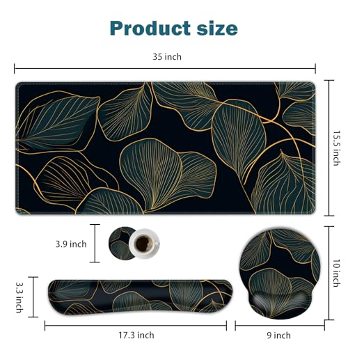 ARTSO Desk Mat Set, Large Gaming Mouse Pad Wrist Support, Keyboard Wrist Rest Ergonomic Desk Pad with Coaster Combo, Extended Mousepad with Non-Slip, Art Tropical Leaves - color: Art Tropical Leaves