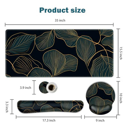 ARTSO Desk Mat Set, Large Gaming Mouse Pad Wrist Support, Keyboard Wrist Rest Ergonomic Desk Pad with Coaster Combo, Extended Mousepad with Non-Slip, Art Tropical Leaves - color: Art Tropical Leaves
