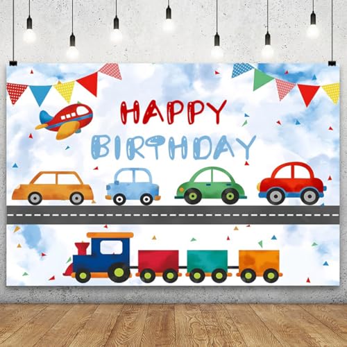 YongFoto Transportation Happy Birthday Backdrop 10x5ft Cartoon Automobile Train Trailer Airplane Car Bus Truck Blue Sky Background Boy Kid Birthday Party Banner Cake Table Decor Photoshoot Props - color: Style 2, size: 10x5ft
