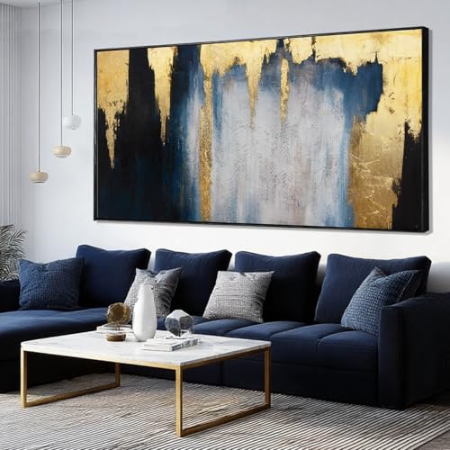 WINKAILIN Blue and Gold Abstract Canvas Wall Art with Frame Modern 29x58 Large Painting Minimalist Artwork for Living Room Bedroom Dining Room Decor - color: Blue and Gold, size: 58"L x 29"W