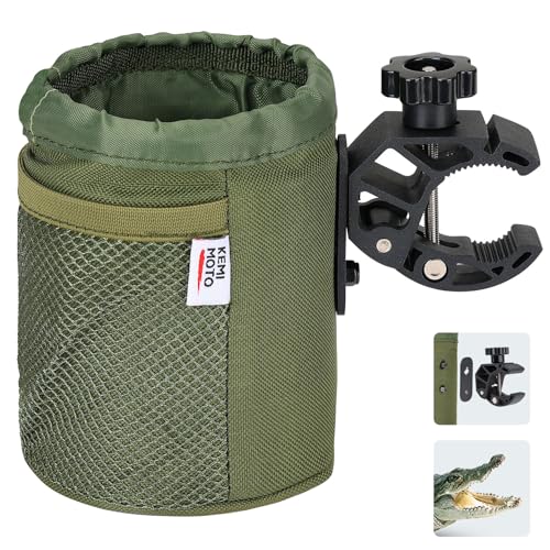 KEMIMOTO Motorcycle Cup Holder, Oxford Fabric Motorcycle Drink Holder with 0.6"-1.5" Alligator Clamp, Universal Water Bottle Cup Accessories for Bike, ATV/UTV, Scooter, Boat, Walker, Army Green - color: Army Green, size: 1 PC,Medium