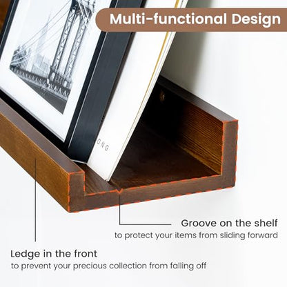 FLYJOE Picture Ledge Wall Shelves - Set of 3, 56 inches Width, Solid Pine Wood Rustic Floating Ledge Shelves for Kids' Room, Bedroom, Kitchen, Bathroom, Walnut - color: Walnut, size: 56'', set of 3