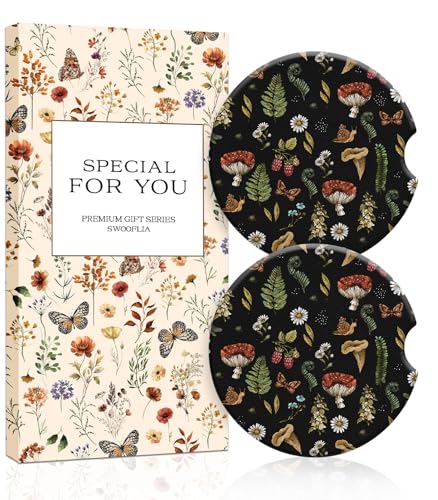 Swooflia Car Coasters for Women - Mushroom Car Cup Coasters Absorbent Cup Holder Coasters for Car 2 Pcs Ceramic Car Cupholder Coaster with Cork Base Car Interior Accessories - color: Black Mushroom Design