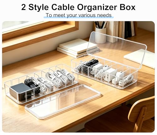 Cheardia 4 Pack Cable Organizer Box with Wire Ties, 2 Style Plastic Cord Storage Box, 10 In Adjustable Clear Charger Organizer with Lid for Electronics Office Home Desk Accessories
