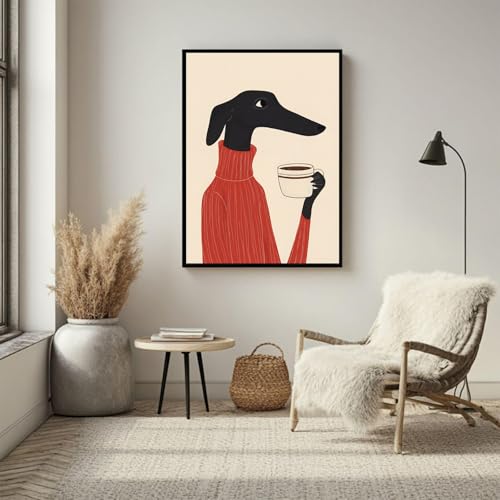 ZHXICHEN Greyhound Coffee Art Print Whimsical Dog in Sweater Funny Coffee Wall Art Whimsical Abstract Animal Wall Art Modern Minimalist Creative Canvas Printed Living Room Bedroom 16X24 inch Unframed - color: white-11, size: 24"L x 16"W