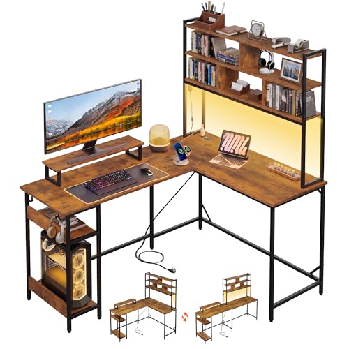 DEVAISE 60 Inch L Shaped Gaming Desk with Drawers and Storage, Corner Desk with LED Lights, Power Outlets, Computer Desk with Monitor Stand, Office Desk for Home, Rustic Brown - color: Rustic Brown, size: 60 Inch