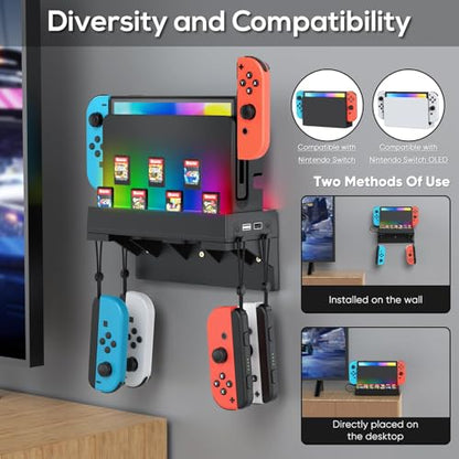 YUANHOT RGB Wall Mount for Nintendo Switch/OLED with Light & Storage(Black) | 7 RGB Light Modes, Game Card Slots, Controller Wall Holder, USB 3.0 Charge Port - size: Black