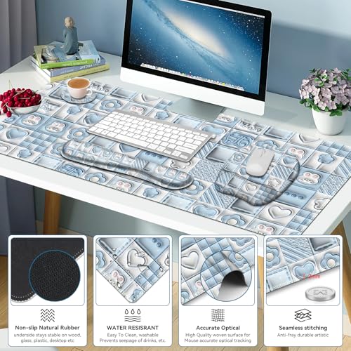 4 in 1 Large Mouse Pad, Keyboard Wrist Rest Set, Ergonomic Mouse Pad with Wrist Support, Desk Mat with Stitched Edges Extended Desk Pad Waterproof Desk Mat for Home Office Game I Cute Rabbit Baby Blue - color: Cute Rabbit Baby Blue