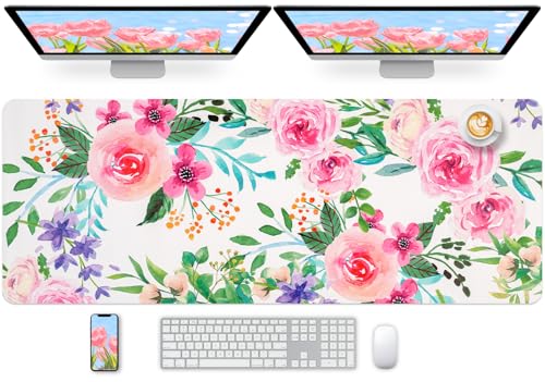 Long Desk Mat, Large Mouse Pad for Desk, Women Girls Waterproof Large Keyboard Pad, Cute Computer Mat for Office Work/Home/Decor/Desktop Accessories (47.2"x16.9") - color: Pinkflower, size: 47.2" x 16.9"