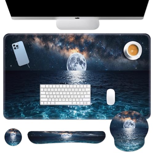 Arttown Moonlight Night Desk Mat Seascape Mouse Pad Set 4 in 1 Romantic Wave Ergonomic Design Large Desk Pad + Keyboard Wrist Rest + Mouse Wrist Rest + Coaster Suitable for Home Office Study Game - color: Moonlight Night