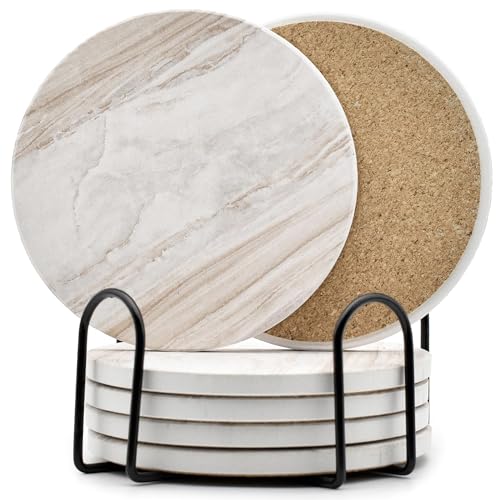 6Pcs Drink Coasters with Holder, Marble Style Ceramic Drink Coaster, Absorbent Coasters Set Suitable for Kinds of Cups, Modern Style Coaster for Coffee Table, 4 Inches - color: Marble Style