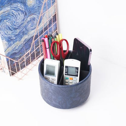 Round Leather Art Supply Organizer,Remote Control Holder,360 Degree Spinning,Multi-Functional Pencil Holder,4 Compartments Desktop Stationary Organizer(1-Carved Dark Blue) - color: 1-Carved Dark Blue
