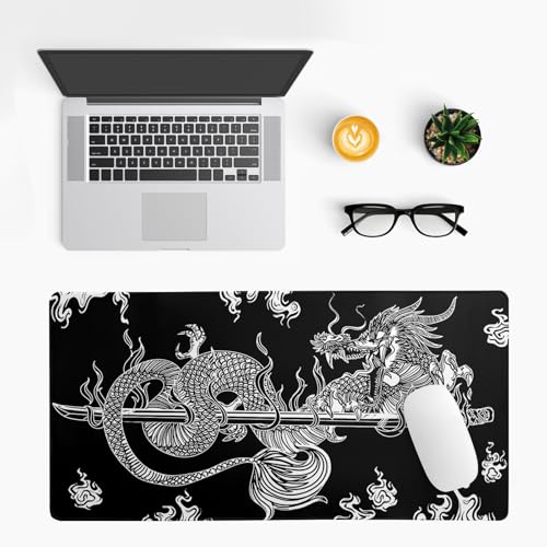 Dragon Gaming Mouse Pad Black Large Mouse Pad for Keyboard and Mousepad Desk Mat with 3mm Non-Slip Base and Stitched Edge for Gaming and Office Computer Mat Protector Mat 27.6x11.8 Inch - color: Dragon
