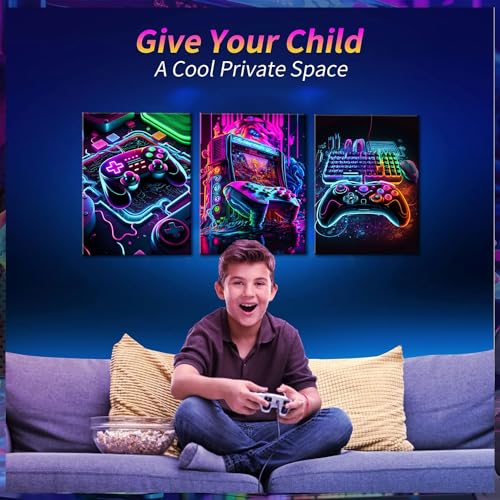 BGFCE Game Room Decor Set of 3 - Neon Gaming Accessories Theme Canvas Wall Art, Gamer Console Paintings Posters Picture Wall Decor for Children Youth Boys Bedroom 16x24in Framed - color: Purple Cool Game Canvas, size: 24L" x 16W"