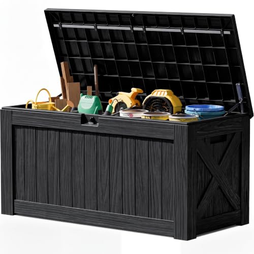 JUMMICO 120 Gallon Resin Deck Box, Large Outdoor Storage Box Waterproof & Lockable for Garden, Patio, Pools (Black) - color: Black, size: 120 gallon
