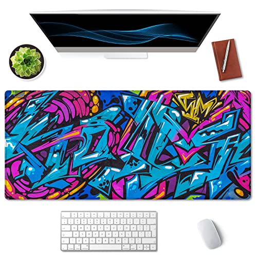 SSOIU Extended Gaming Mouse Pad - Non-Slip Water-Resistant Rubber Base Computer Keyboard Mouse Mat, 35.5 x 15.7-inch XX-Large Desk Mat, Ideal Partner for Work & Game, Beautiful Street Art Graffiti - color: Street Art Graffiti