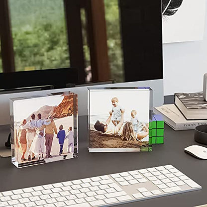 HELPLEX Acrylic Frames, 2 Pack 4x4 Frameless Clear Picture Frame, 20mm Thicker, Double Sided Magnetic, Free Standing Desktop Display - size: 4x4(2 PACK)