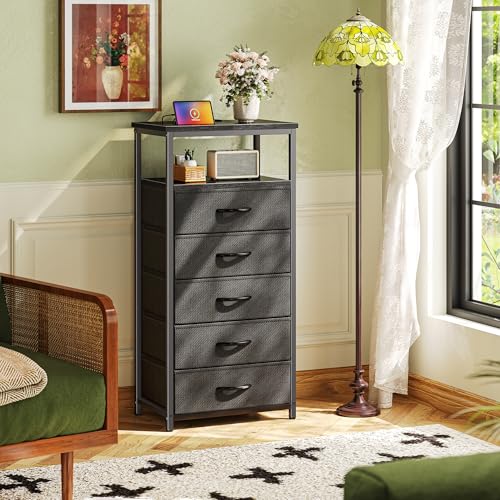 Huuger 5 Drawers Dresser with Charging Station, Dresser for Bedroom, Tall Night Stand, Chest of Drawers with Open Shelf, Bedside Table Nightstand, Fabric Storage Drawers, for Entryway, Black - color: Black, size: 11.8"D x 15.7"W x 39.4"H (5 Drawers)