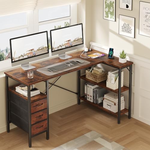 DUMOS L Shaped Desk with Shelf Drawers 55 Inch, Brown Corner Computer Desks Gaming with Power Outlet, Study Table with Adjustable Shelves, Home Office Tables for Bedroom Teacher Reading Writing - color: Tank