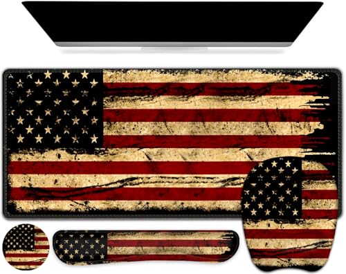 Large Mouse Pad with Wrist Support 4in1 Set, XXL Game Mousepad + Keyboard Wrist Rest+Mouse Wrist Rest+Coaster with Ergonomic Design Gaming Mat for Home Office Table Computer I Retro USA Flag - color: Retro USA Flag