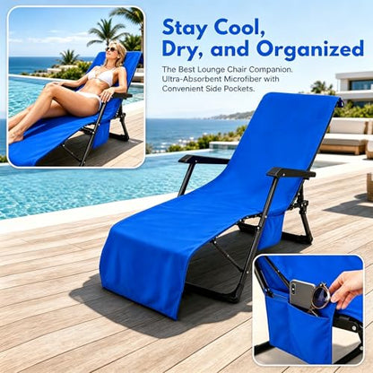 VOCOOL Chaise Lounge Cover Pool Chair Cover Soft and Quick Dry | Beach Chair Towel Cover with Pocket, for Sun Lounger Pool Sunbathing Garden Beach Hotel Outdoor, No Slide, Blue, 85" x 30" - color: Blue