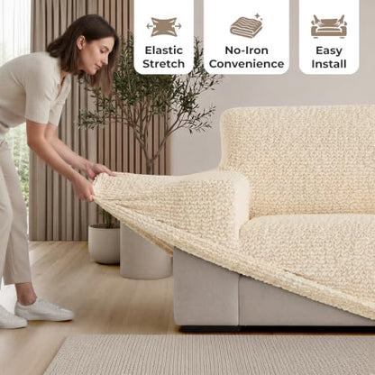 Premium Stretch Couch Covers for Sofa - Sofa Chair Cover Washable, Dogs & Pets Friendly - Elastic Polyester Loveseat Slipcovers - Non-Slip Love Seat Couch Covers - Cream (64"-85" Wide) - color: Cream, size: 64"-85" Wide