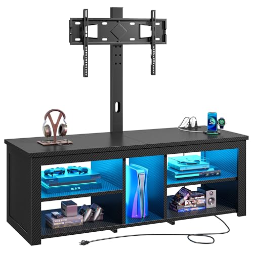 TV Stand with Mount for 55/65 Inch TVs,Wood TV Stands for Living Room with Power Outlet & LED Entertainment Center Gaming Console for Bedroom, Height Adjustable Swivel TV Mount, Carbon Fiber Black - color: Black