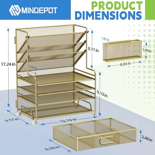 MINDEPOT 4-Tier Paper Organizer + 3-Pocket File Holder + Drawer + Pen Holders, Desktop File Organizers Paper Tray for Office Supplies School Classroom Organization (Gold, with Drawer & Pen Holder) - color: Gold, with Drawer & Pen Holder