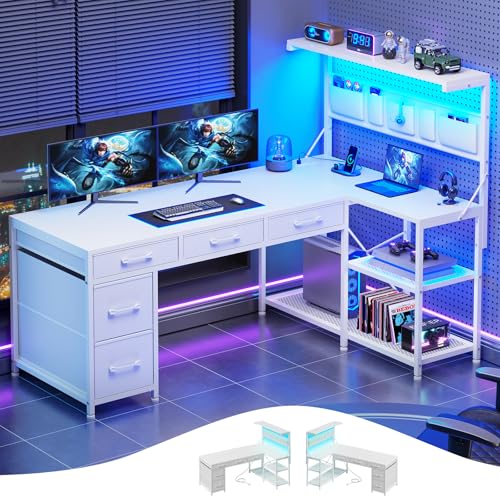 Itaar L Shaped Gaming Desk with 5 Drawers and Storage Shelves, Reversible Computer Desk with Bookshelf for Home Office, L Shaped Corner Desk with LED Lights, Power Outlets and Storage Bag, White - color: White