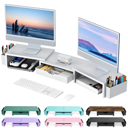 gianotter Dual Monitor Stand Riser, Desk Organizer With Drawer and 2 Pen Holders, Monitor Stand for Desk, Office Decor Essentials (White) - color: White