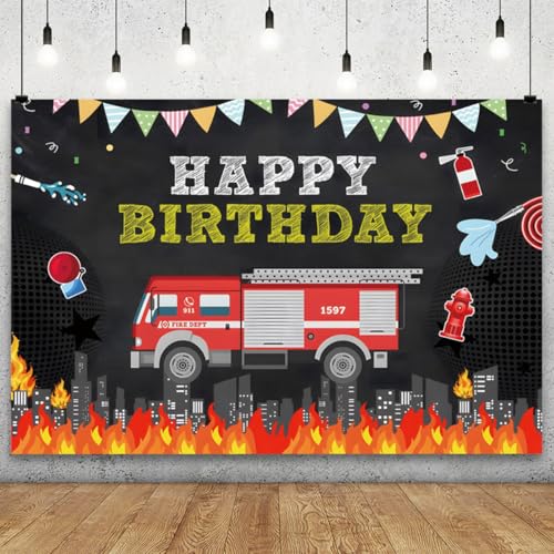YongFoto Fire Dept Fireman Theme Happy Birthday Backdrop 8x6.5ft Fire Truck Firefighter Night Skyscraper City Downtown Photography Background Baby Shower Kids Birthday Party Banner Photoshoot Props - color: Style 1, size: 8x6.5ft